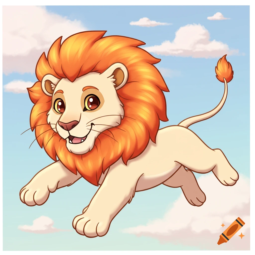 A cartoon lion with an orange mane jumps in the sky.