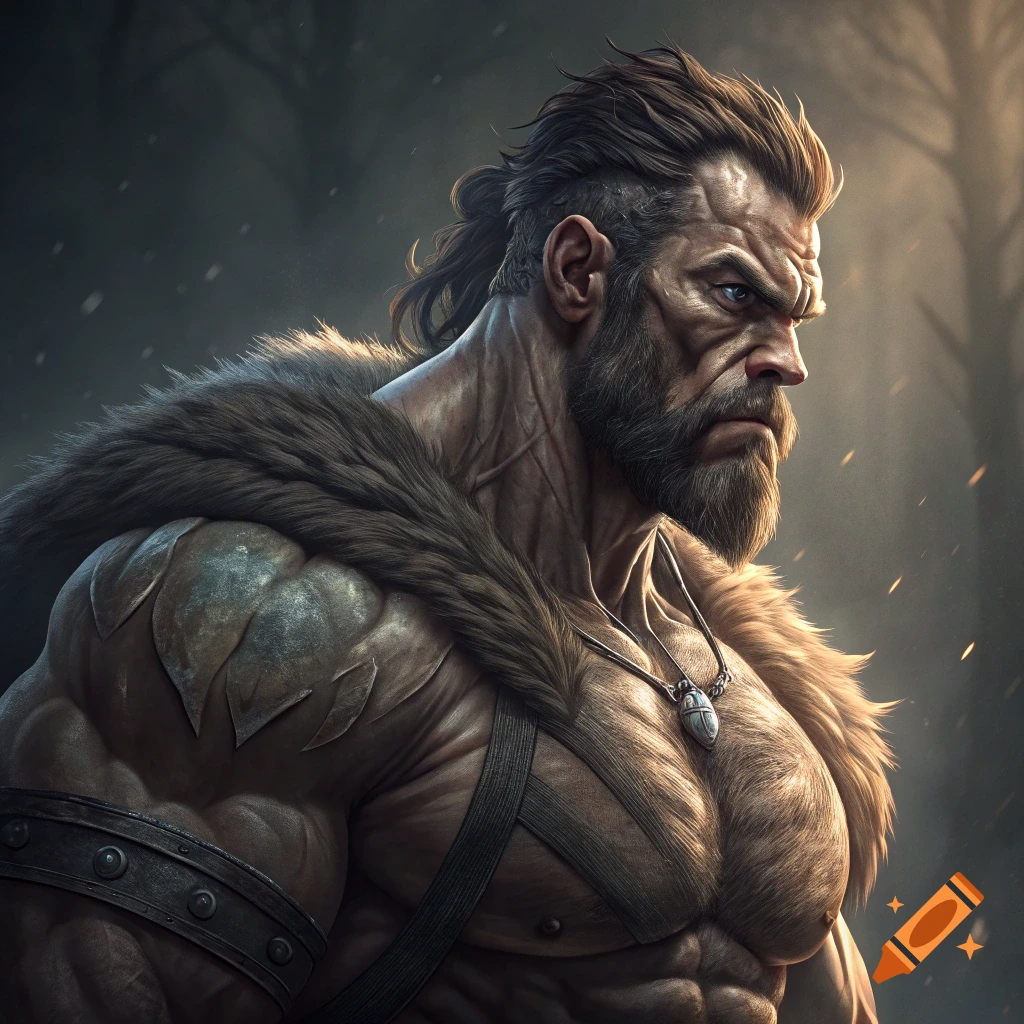 A muscular man with a beard and fur cape looks intensely to the side in a dark, dramatic setting.
