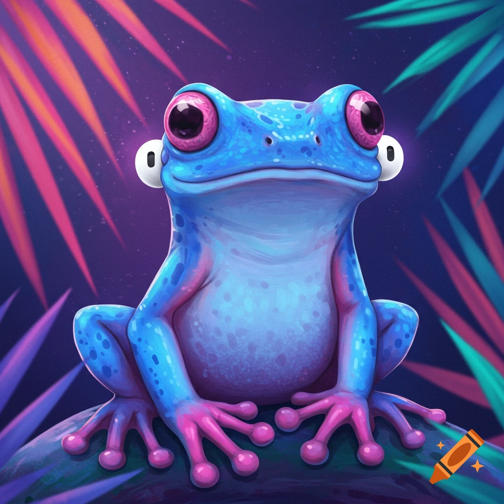A blue and pink frog wearing airpods, sitting in a jungle.