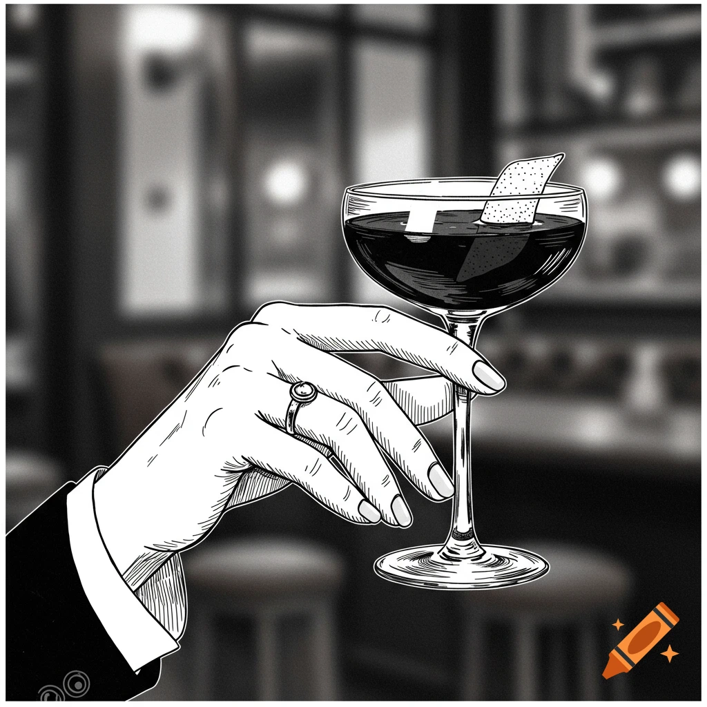 Black and white illustration of a hand holding a cocktail glass