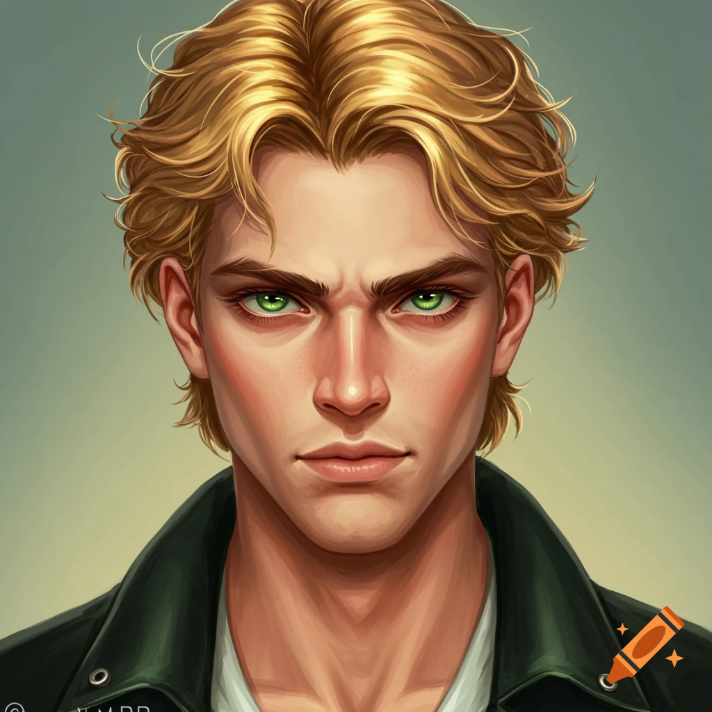 A handsome young man with blond hair and green eyes.