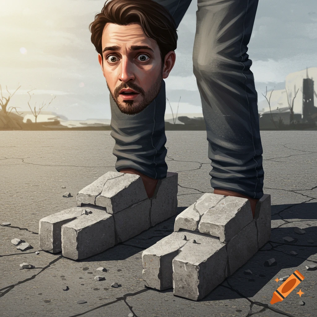 Image of a man's legs wearing concrete shoes, with his head appearing where his torso should be, standing on cracked pavement.