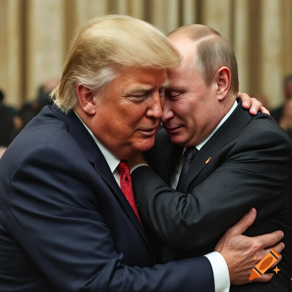 Photorealistic image of Donald Trump and Vladimir Putin hugging.