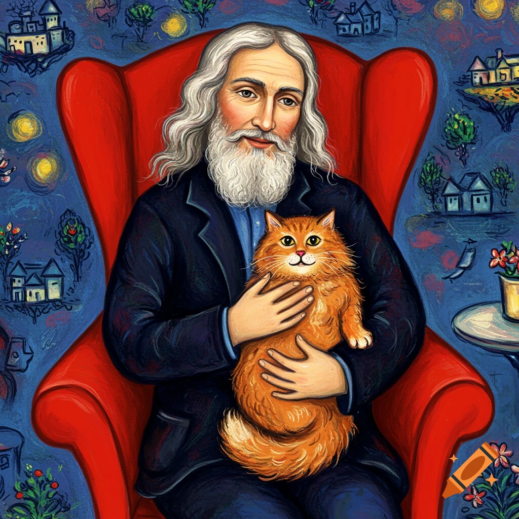 A man with long grey hair sits in a red chair, holding an orange cat. The background is a vibrant, dreamy landscape in the style of Charles Chagall.