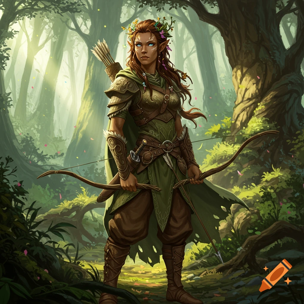 A fantasy wood elf ranger standing in a sunlit forest with a bow.