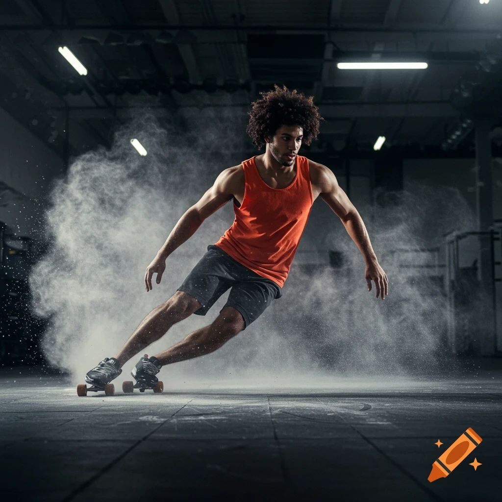 A man in a tank top skateboarding indoors in a cloud of dust.