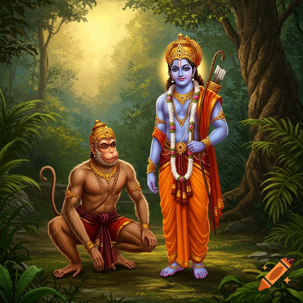 Painting of Rama and Hanuman in a forest clearing, Rama standing with bow, Hanuman crouching.