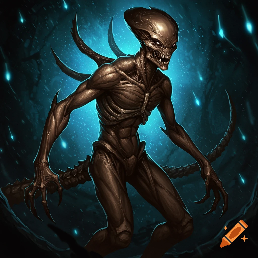 A monstrous humanoid alien creature with tentacles is depicted in a dark, glowing environment.
