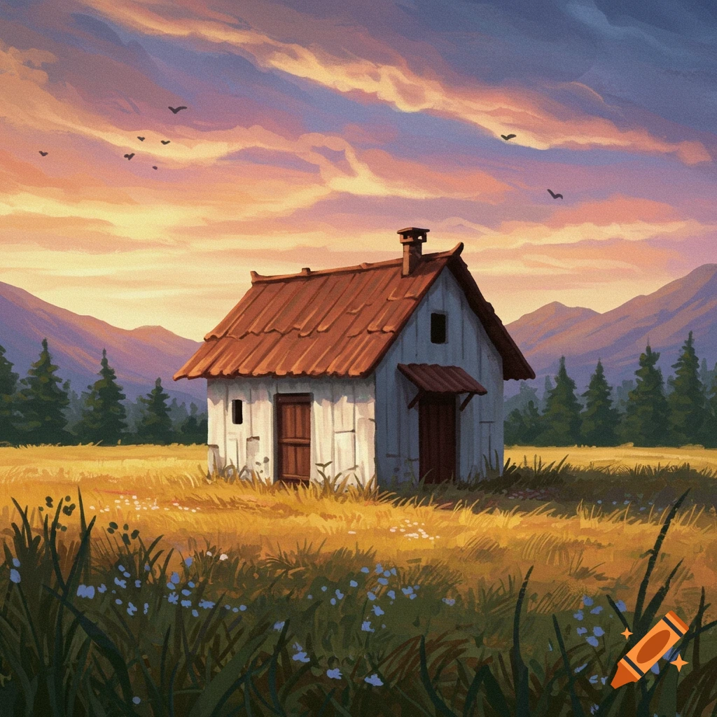 A small white house with a red roof in a golden field at sunset, mountains and trees in the background.