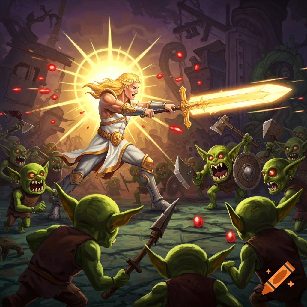 A hero with a glowing sword fighting goblins