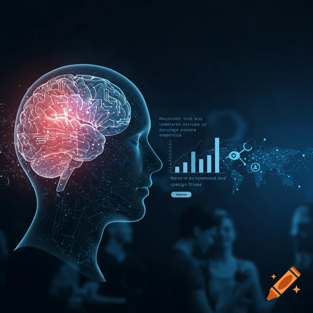 Digital illustration of a glowing brain with circuits inside a head profile, alongside data charts and network visuals.