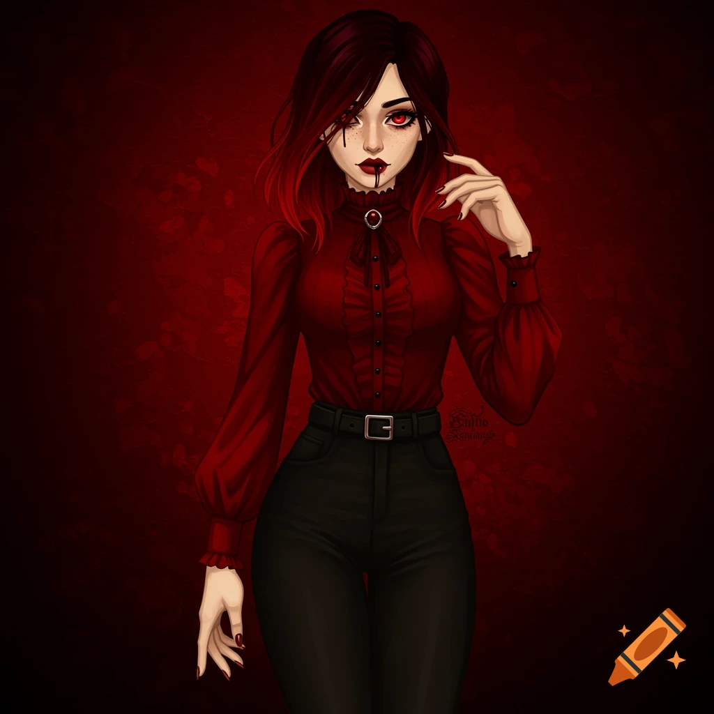 A gothic woman with striking red eyes and blood around her mouth, wearing a red blouse.