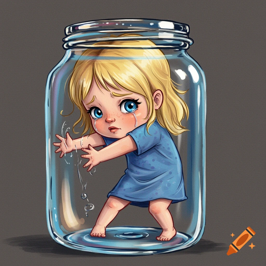 Cartoon illustration of a sad, crying child with blonde hair and blue eyes squeezed inside a glass jar.
