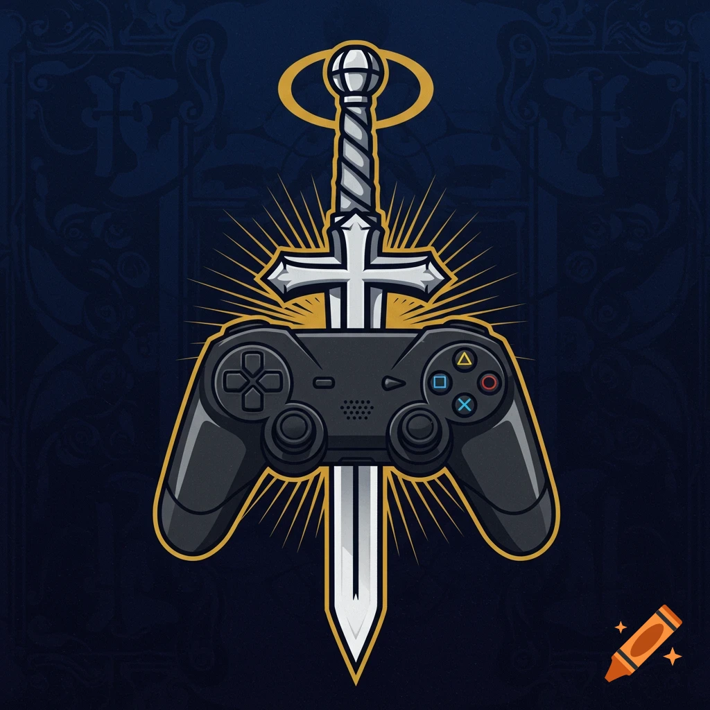 Stylized logo of a sword behind a gaming controller with a cross handle and a halo.
