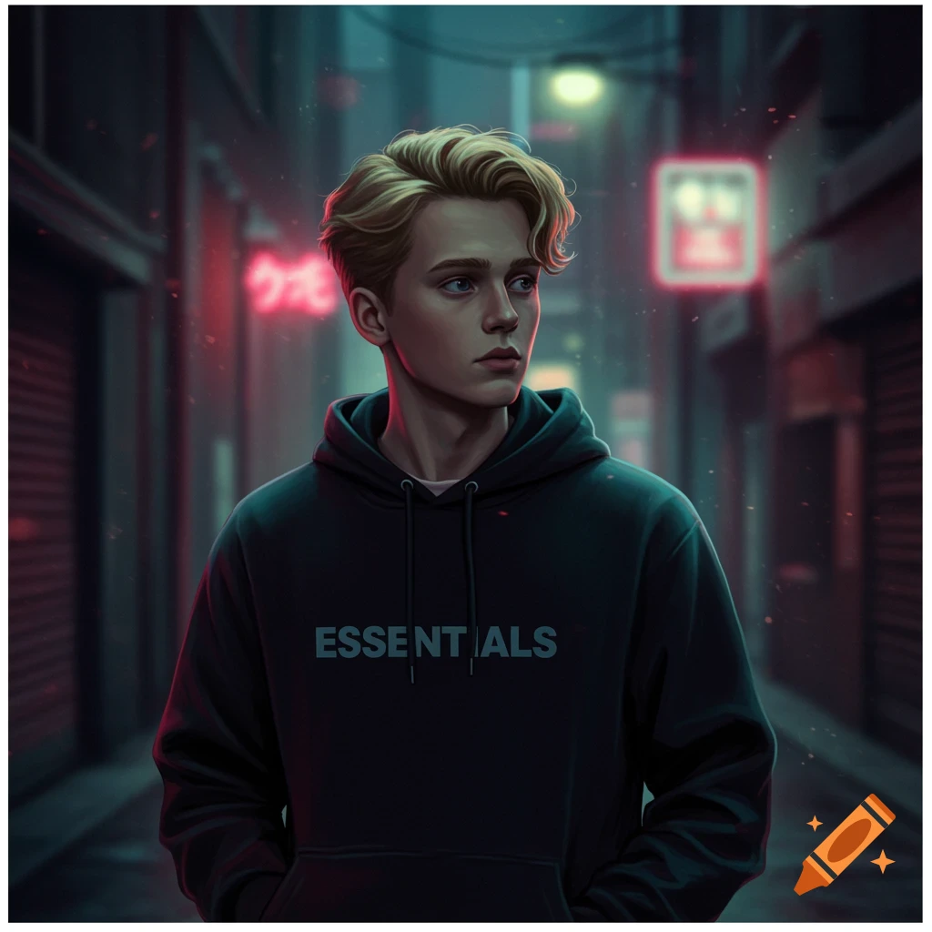 A blond male teenager in a black hoodie is standing in a dark, neon-lit urban alleyway.