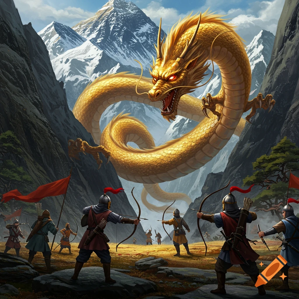 A golden dragon battling medieval archers in a mountain valley.