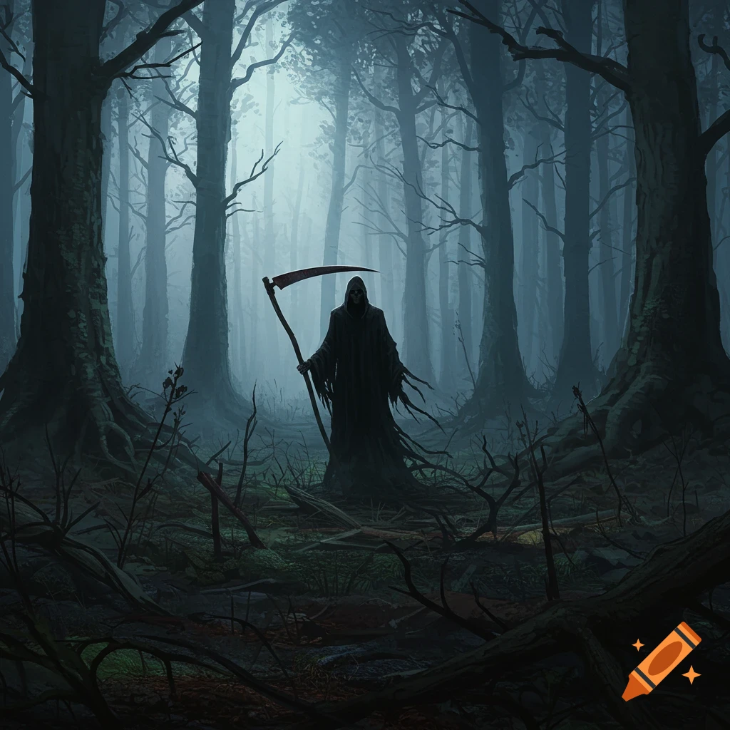 A grim reaper standing in a dark, misty forest.