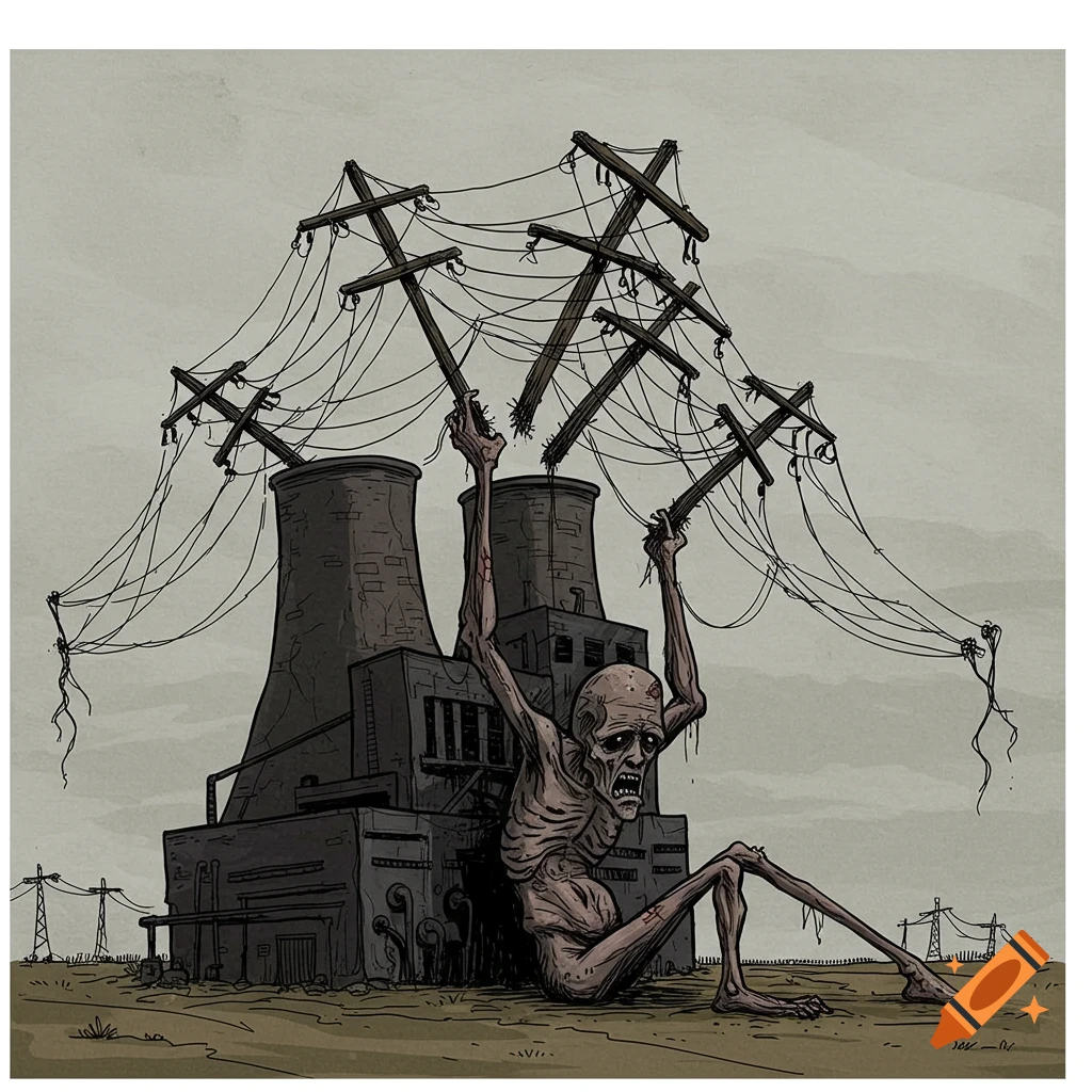 Political illustration of skeletal figure holding power lines in front of industrial plant.