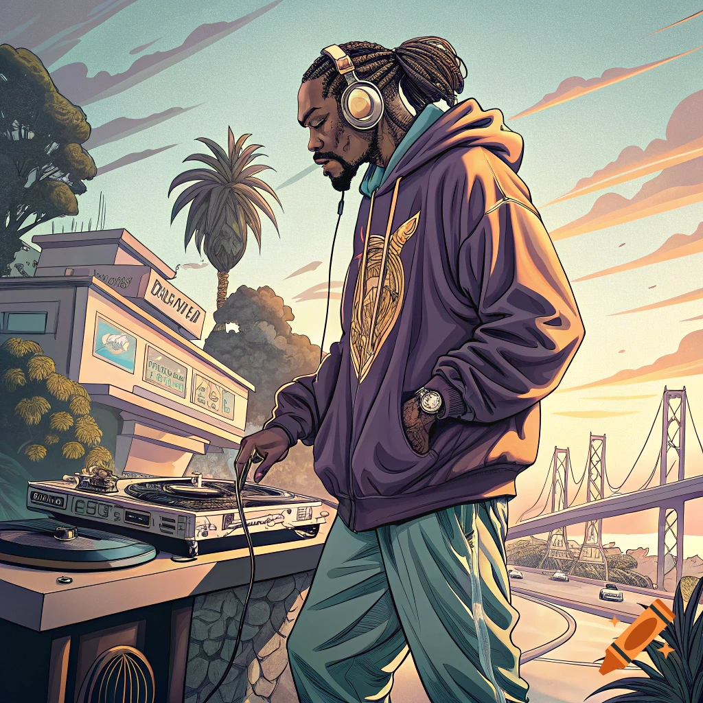 Stylized illustration of a DJ with braids and headphones, standing next to turntables in an urban setting with a bridge and palm tree.