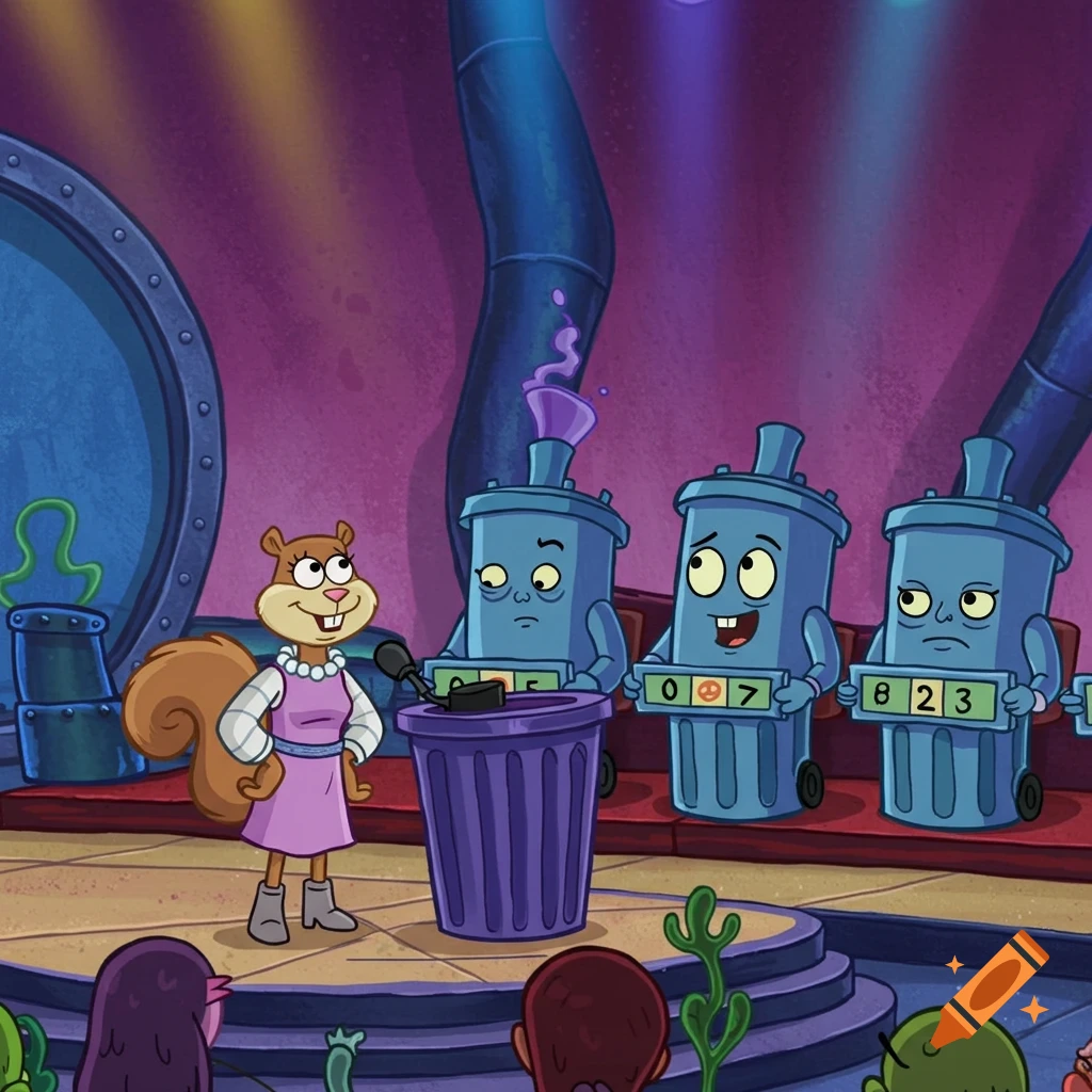 Sandy Cheeks hosts a game show with three anthropomorphic trash cans on stage.