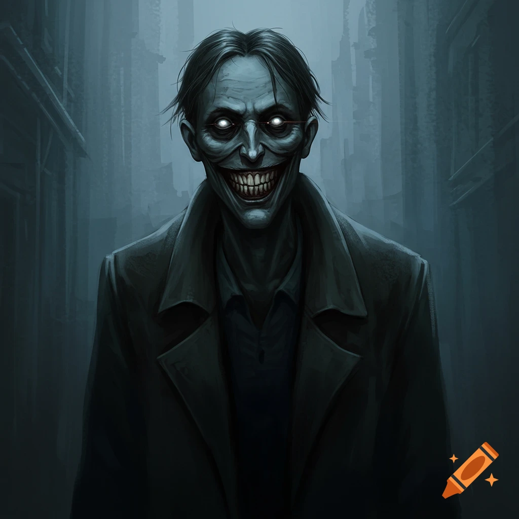 A creepy man with wide smile and glowing eyes in a dark street.