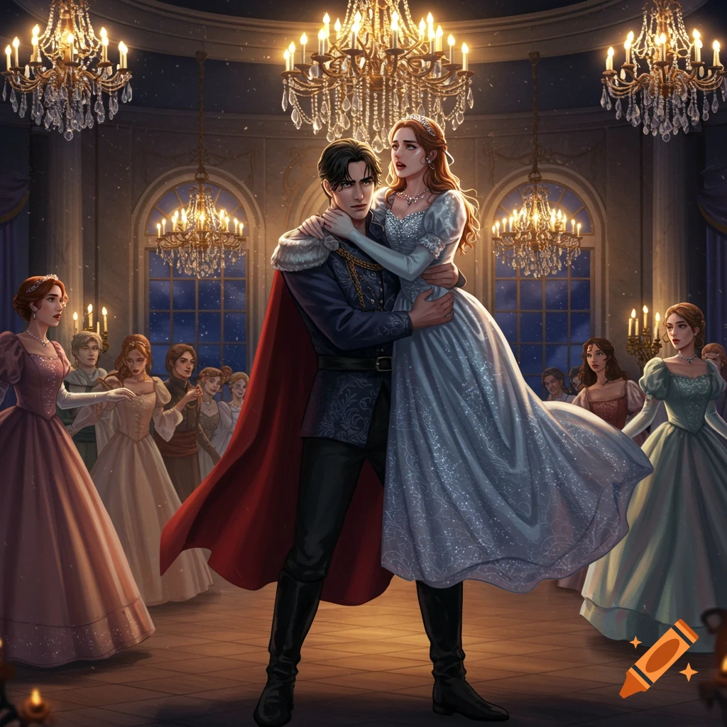 A prince lifts a princess in a pale blue gown while dancing in a grand ballroom with chandeliers.