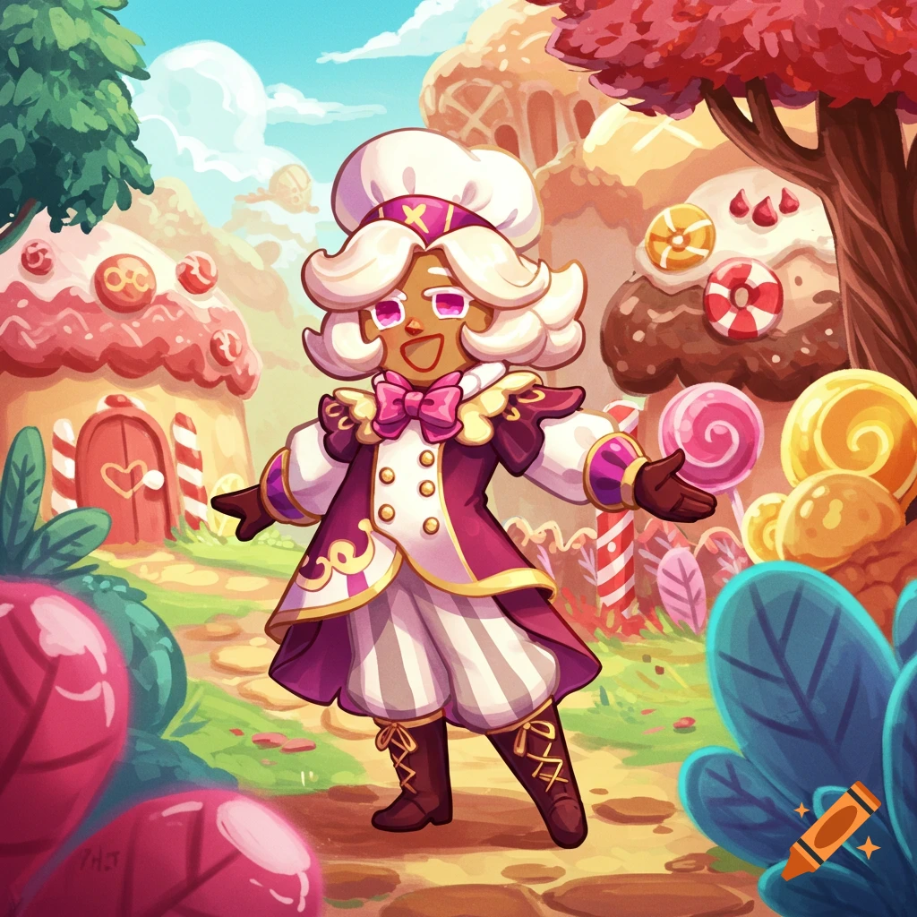 A cartoon character in a chef's outfit stands in a vibrant candy land setting.