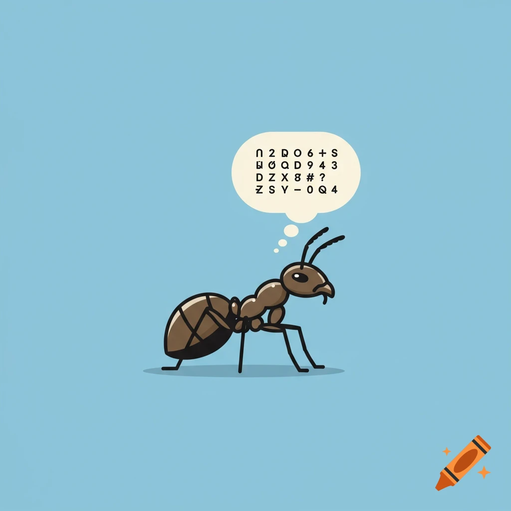 A cartoon ant looks at a thought bubble containing letters, numbers, and symbols, representing a password.