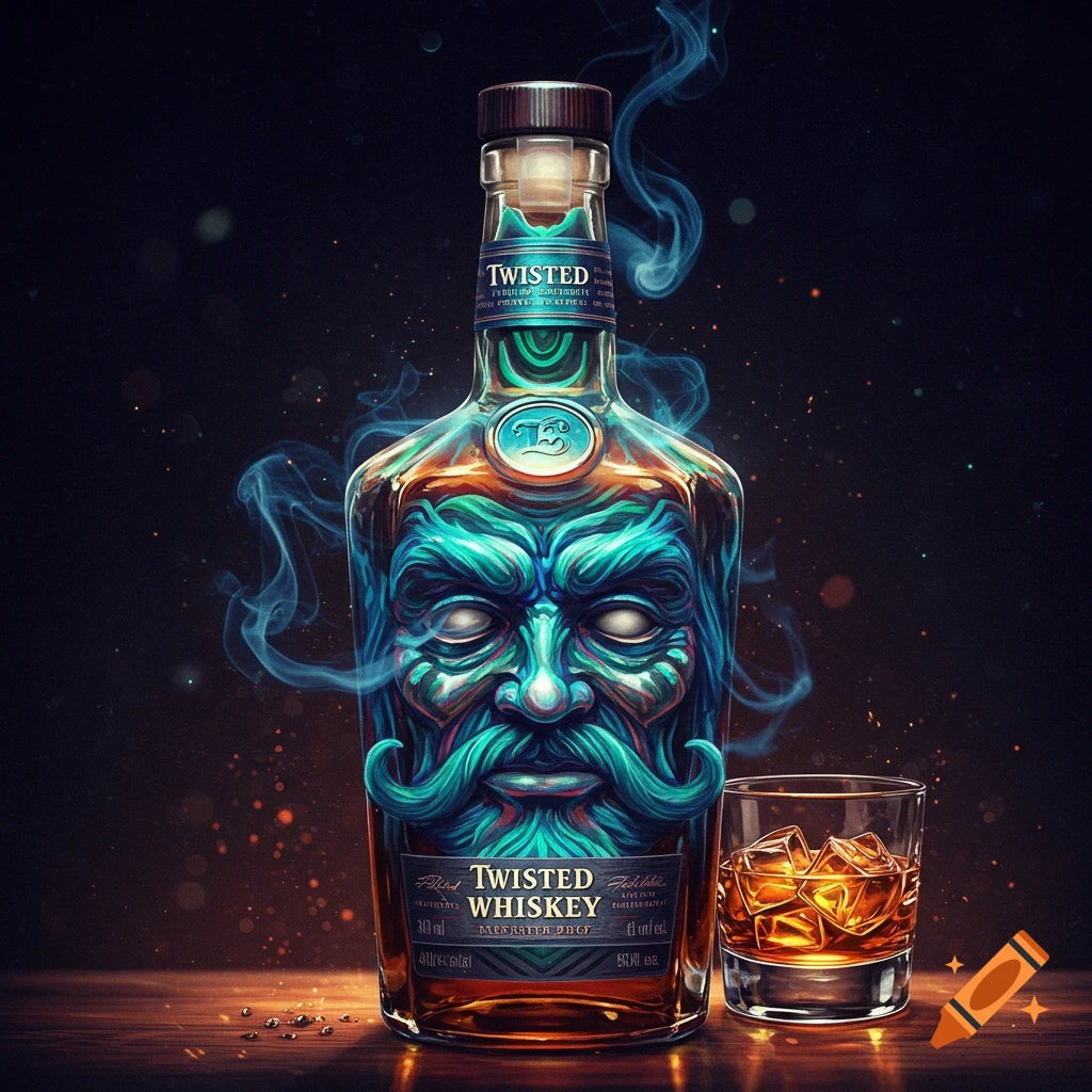 A whiskey bottle with a face design and smoke, next to a glass of whiskey with ice.