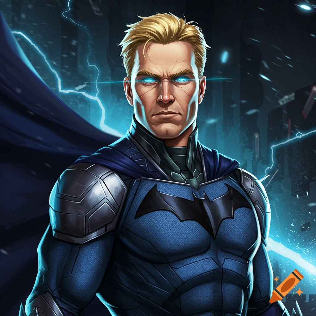 A muscular blonde superhero with glowing blue eyes, wearing a blue and grey armored suit with a Batman symbol and cape, lightning in the background.