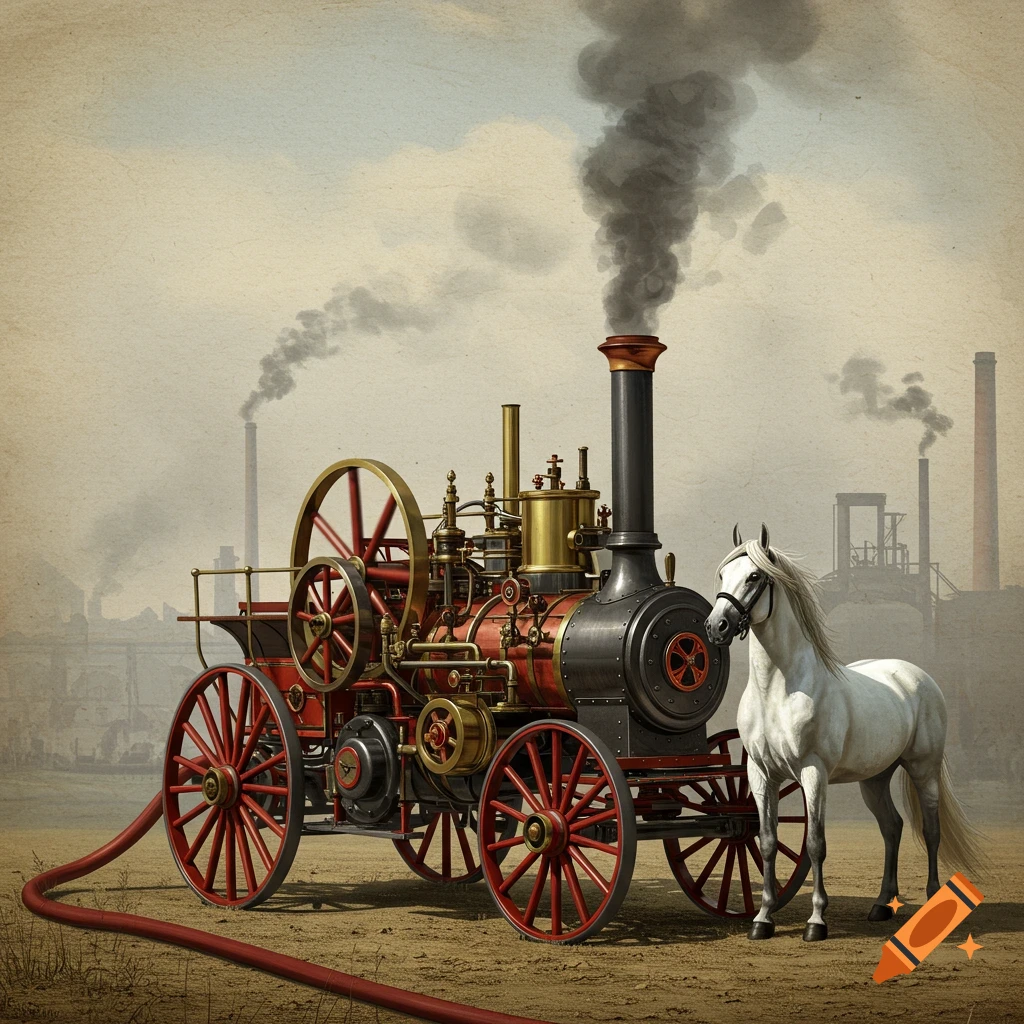 A vintage red and black steam engine with a hose next to a white horse in an industrial landscape.