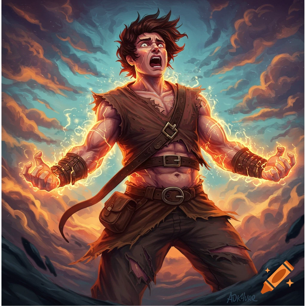 Muscular man transforming with glowing energy on his arms and chest, set against a dynamic sky.