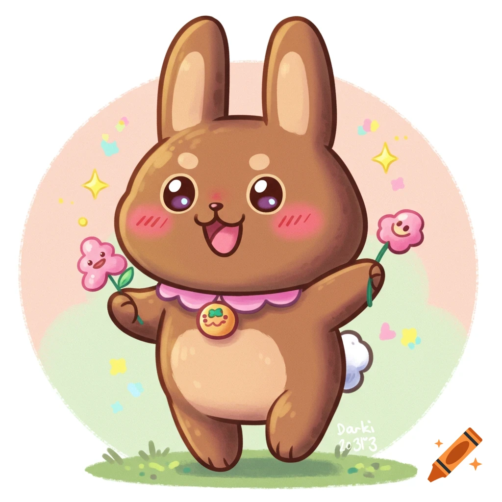 Cute brown rabbit character holding pink flowers.