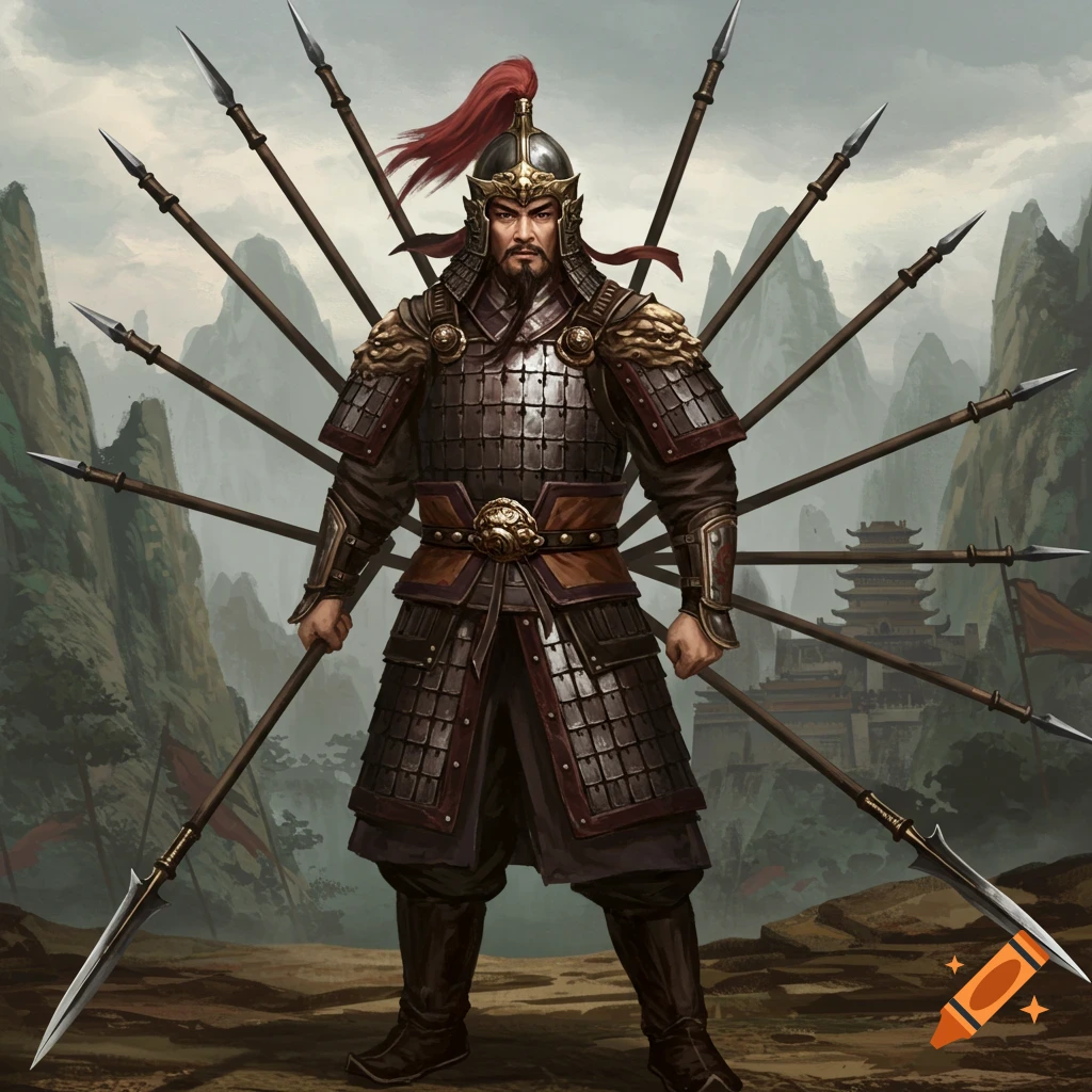 An ancient Chinese warrior with multiple spears in a mountain landscape
