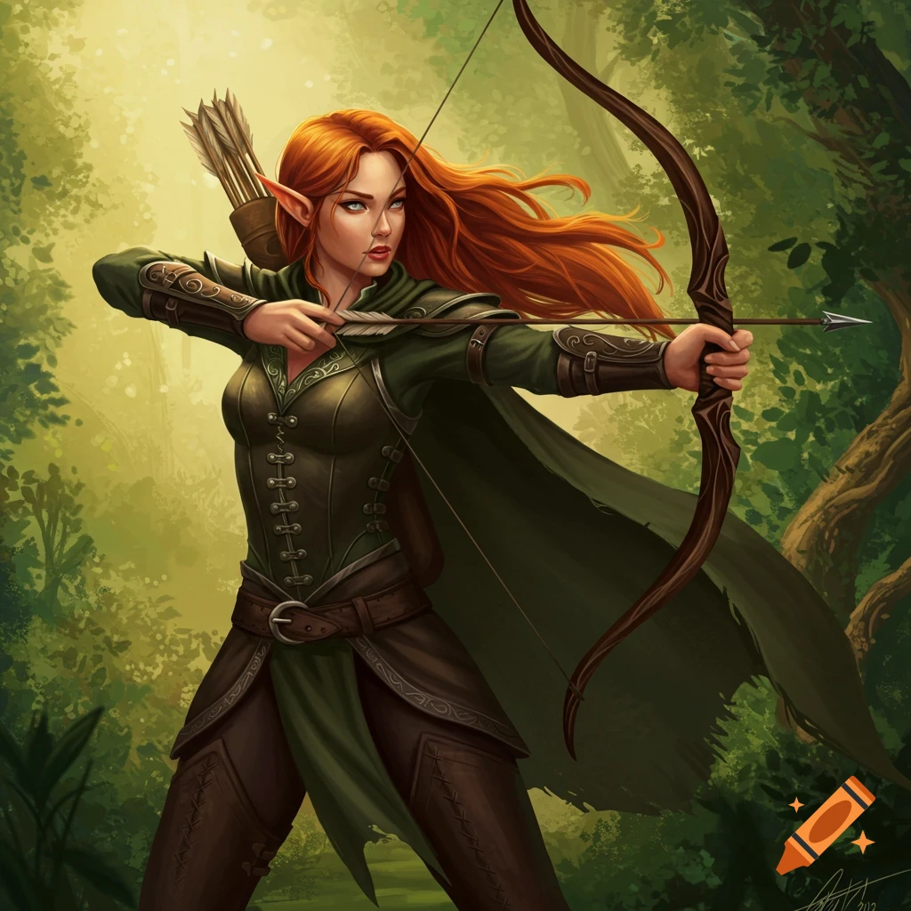A female elf archer with red hair aims a bow in a forest.