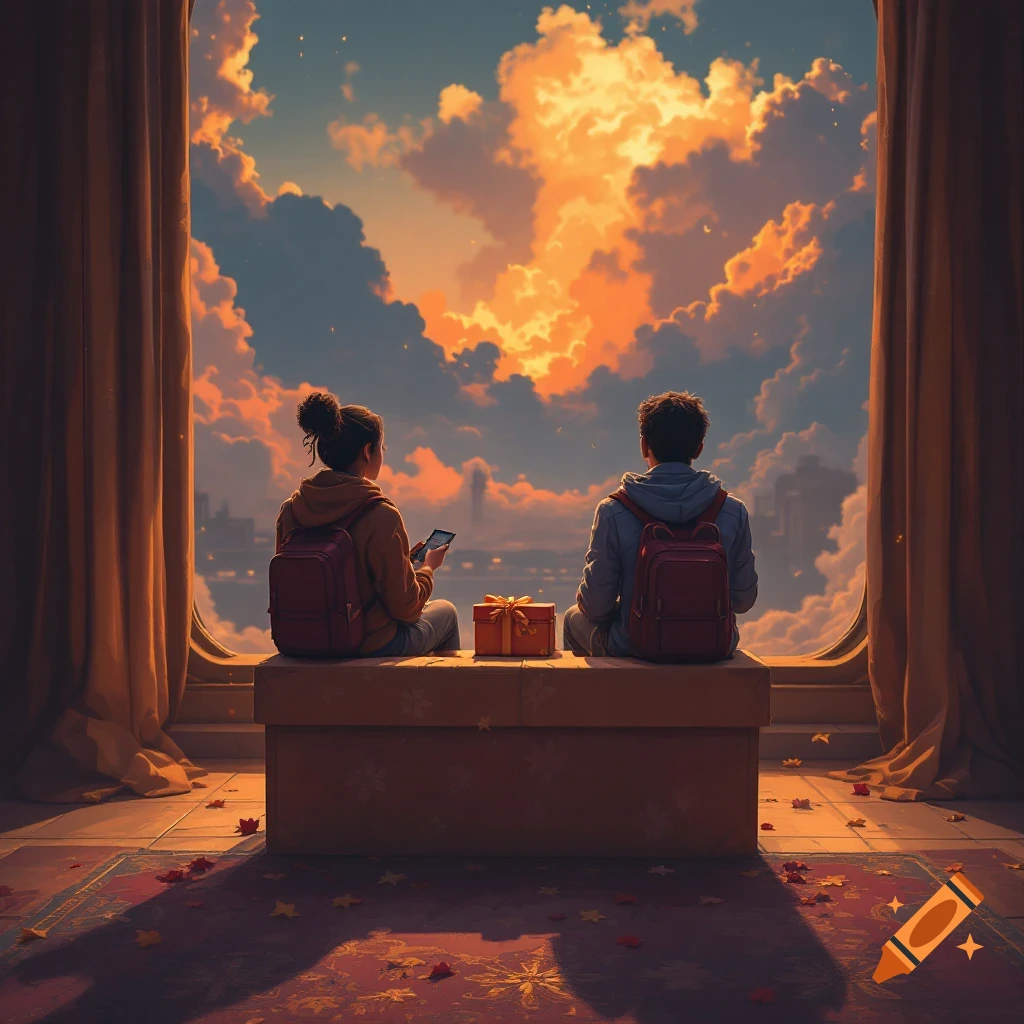 Two people are watching a vibrant sunset from a window with a gift box between them.