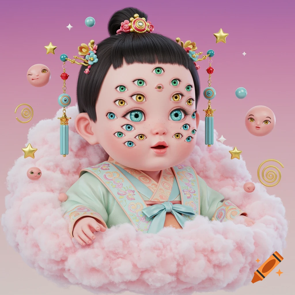 Surreal digital art of an East Asian baby with many eyes, wearing a Hanfu, nestled in a cloud with stars and spirals.