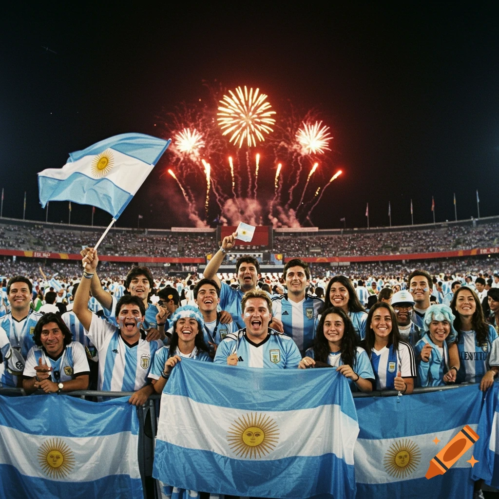 Excited Argentinian fans wave flags in a stadium with fireworks.