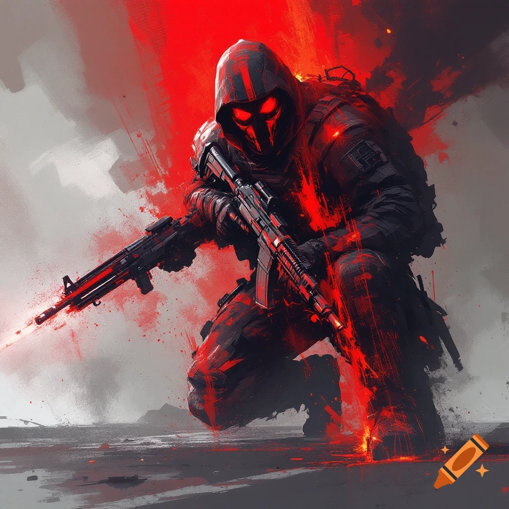 Stylized portrait of a soldier with glowing red eyes and highlights, kneeling with two rifles against a red and grey splatter background.