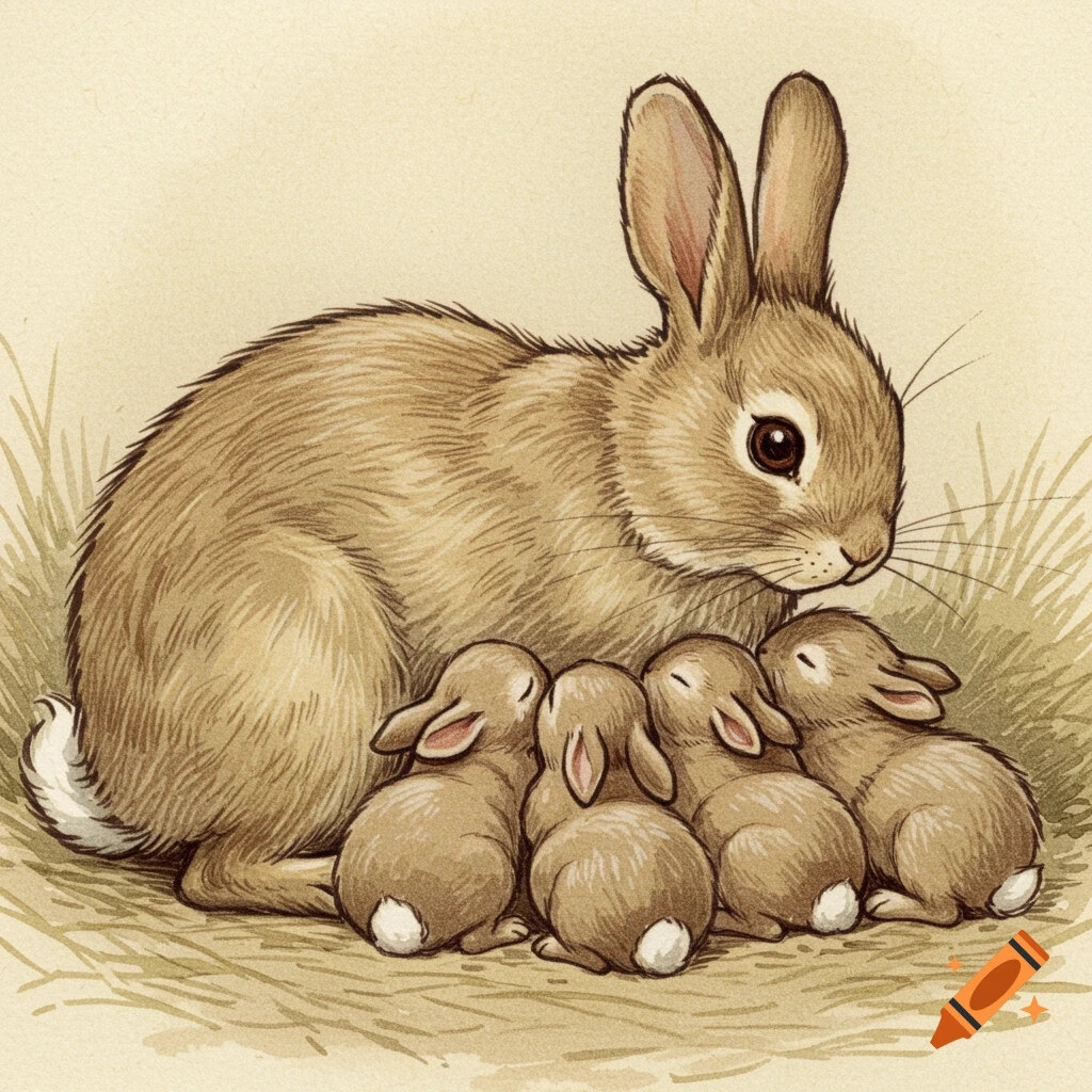 Illustration of a mother rabbit with four baby rabbits huddled together.