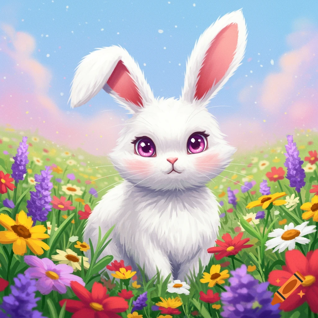 A cute white bunny with bright pink eyes sits in a field of colorful wildflowers under a blue sky, in a whimsical digital art style.