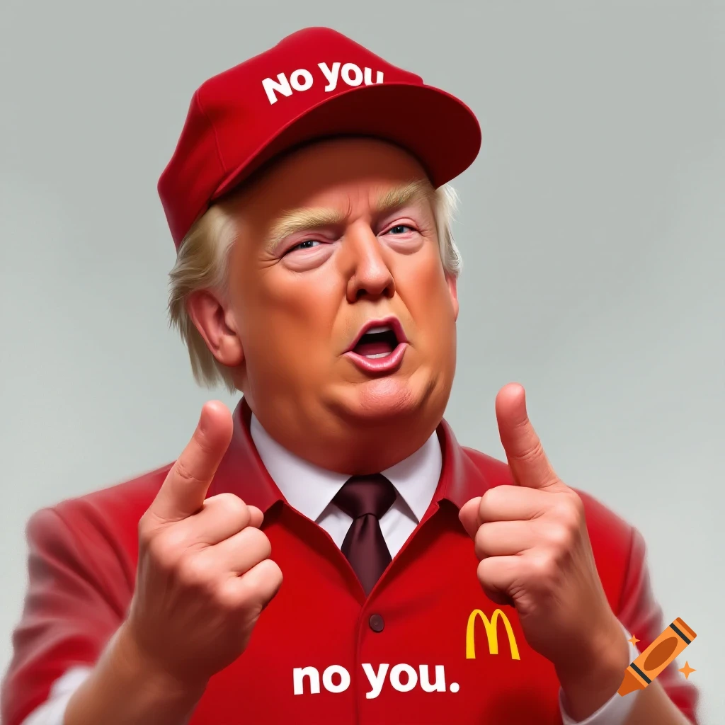 Image of a man resembling Donald Trump in a red McDonald's uniform and hat, pointing, with text 'no you'.