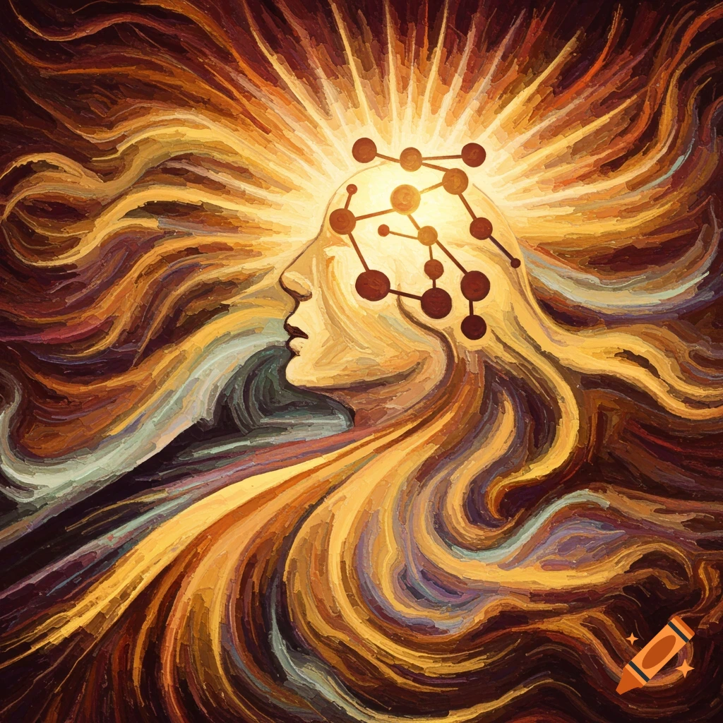 Profile head with glowing brain structure and flowing energy lines