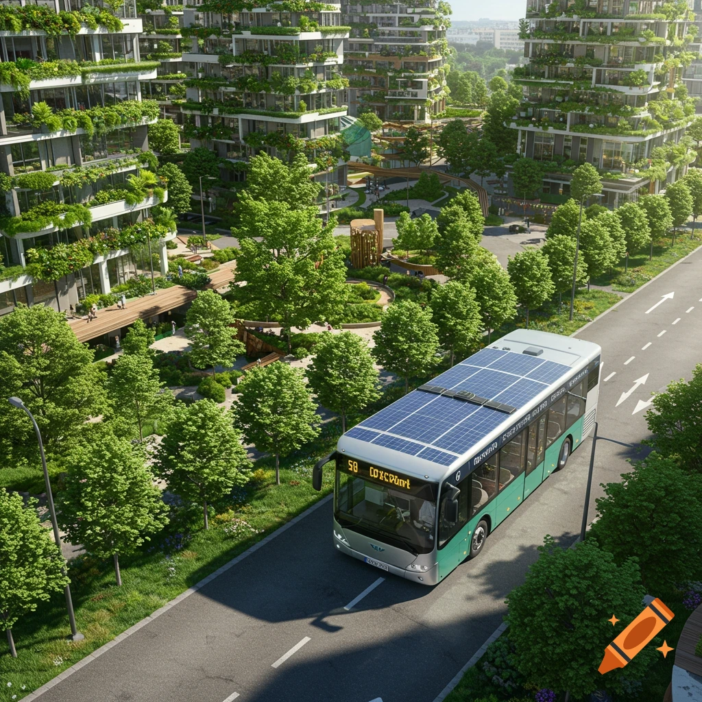 A solar-powered bus drives through a green city with buildings covered in plants. Photorealistic.