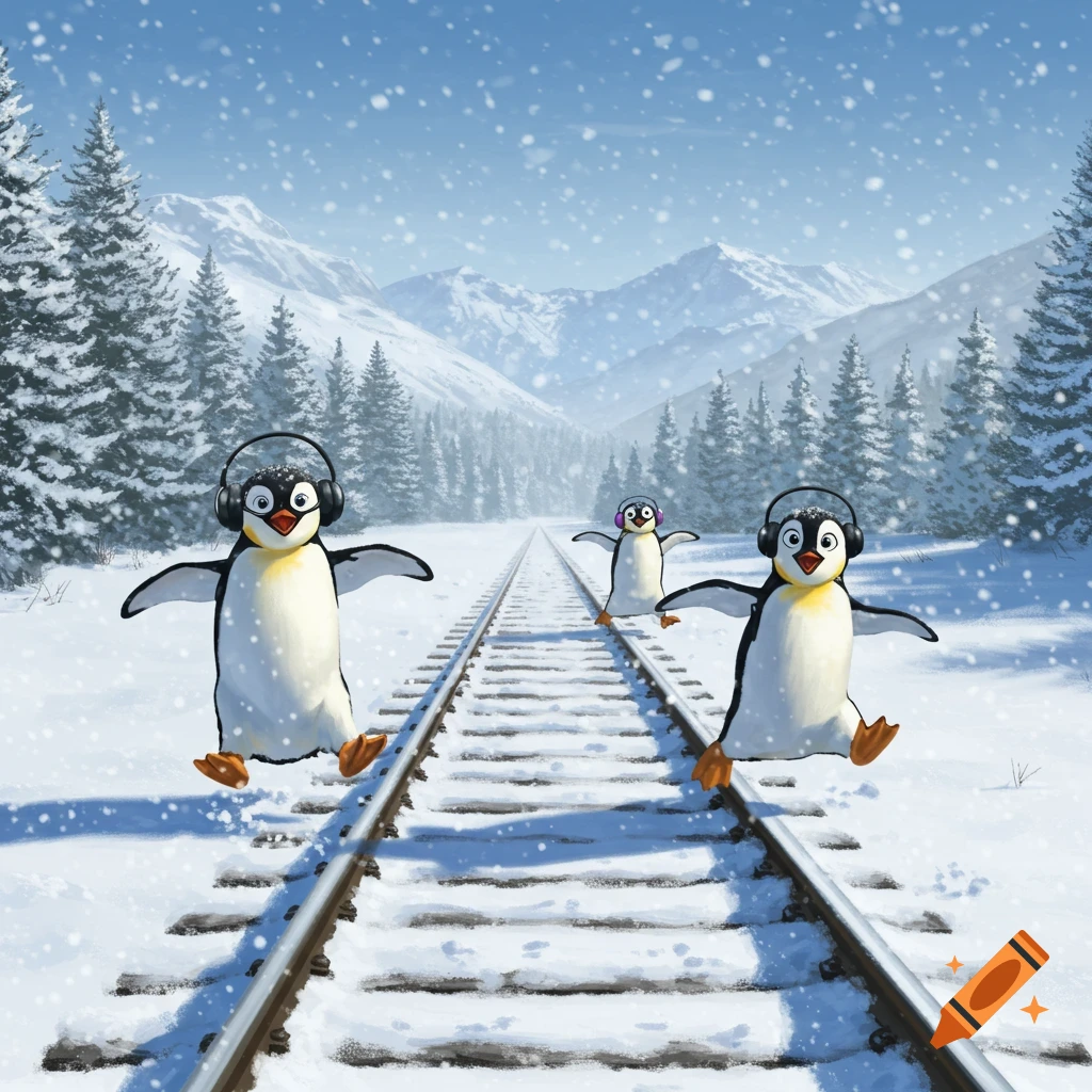Illustration of penguins with headphones on a snowy railroad track in the mountains.