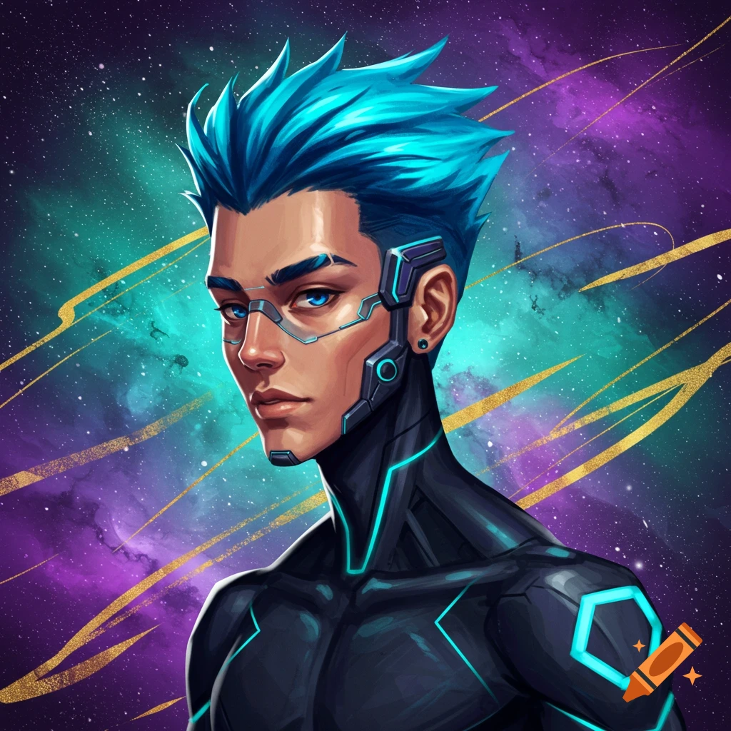 A futuristic male character with blue hair and cybernetic enhancements against a galaxy background.