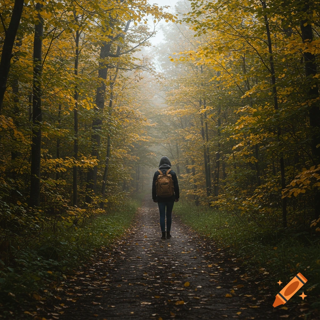 Person with backpack walks down a misty path through a forest with yellow leaves
