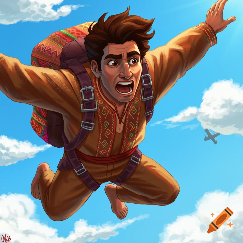 A man with a parachute jumps from a plane in the sky.
