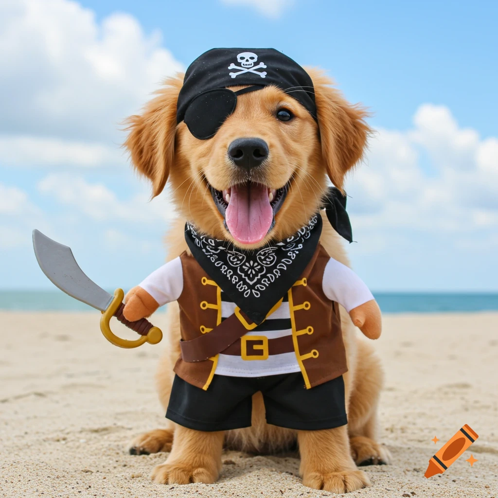A golden retriever puppy dressed as a pirate sits on a beach.