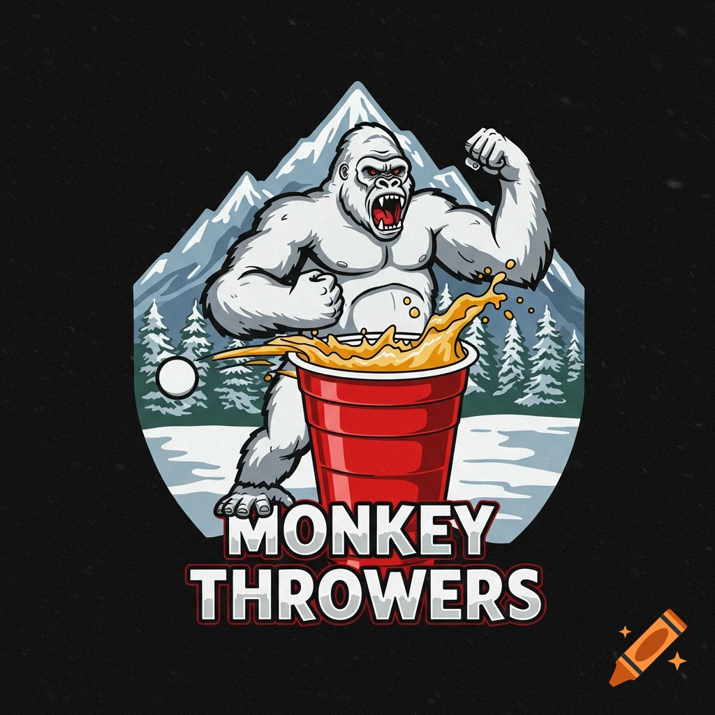 Illustration of a white gorilla next to a red beer pong cup with beer splashing, against a mountain background. Text reads 'Monkey Throwers'.